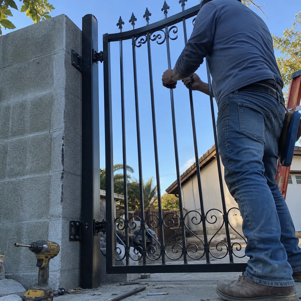 Professional contractor performing custom metal gate installation on a concrete pillar