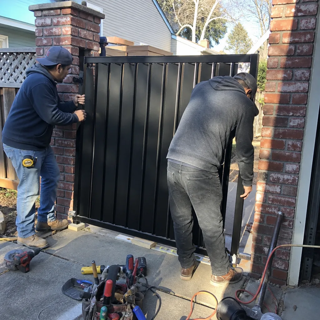 Two technicians professionally installing a modern black metal driveway gate.