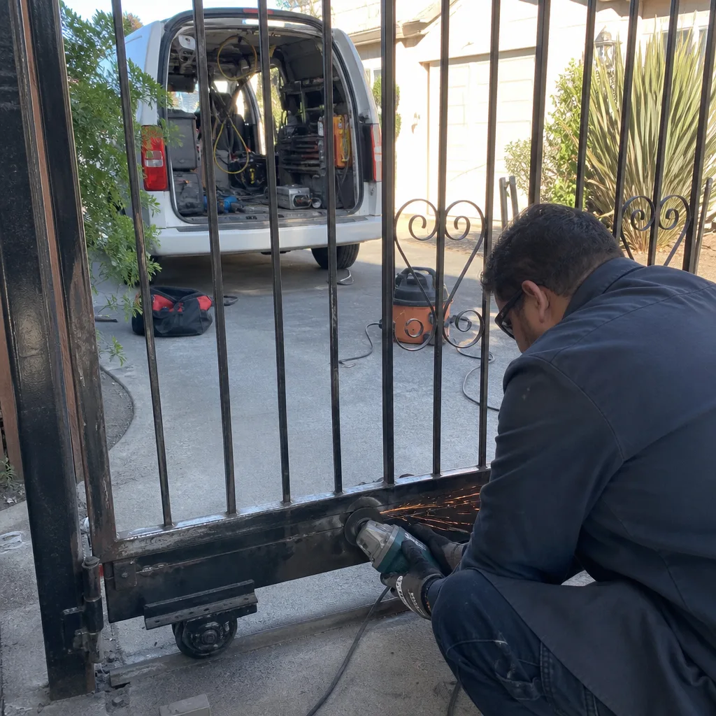 Technician using an angle grinder for metal gate repair services.