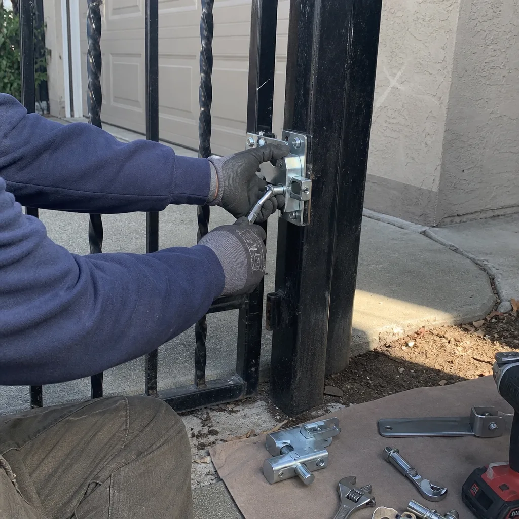 Technician repairing a metal gate latch with tools
