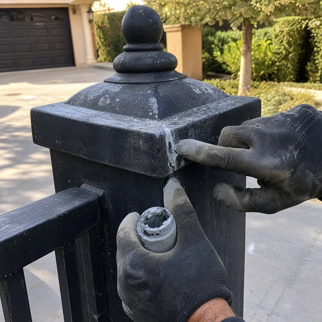 Professional performing gate post repair with filler